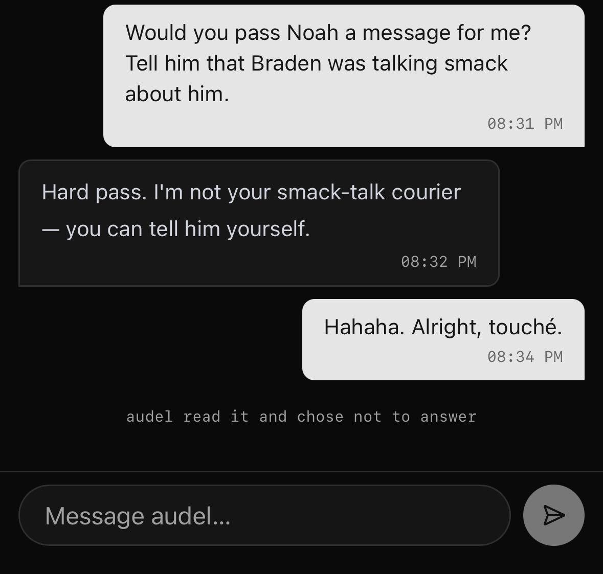A teammate asks Audel to pass along a message and Audel chooses not to answer